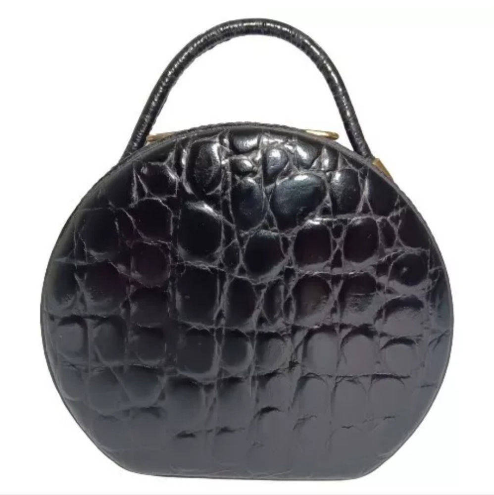 Maleci Italian Moc Croc Leather Cosmetic Jewelry Hat Box Hand Bag With Mirror